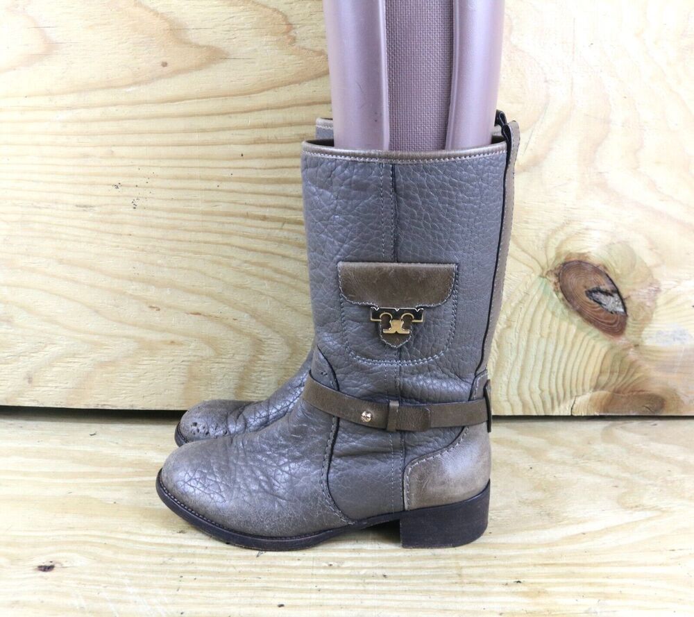 Tory Burch Boots Womens 7.5M Gray Leather Leona Equestrian Mid Calf Riding Shoes